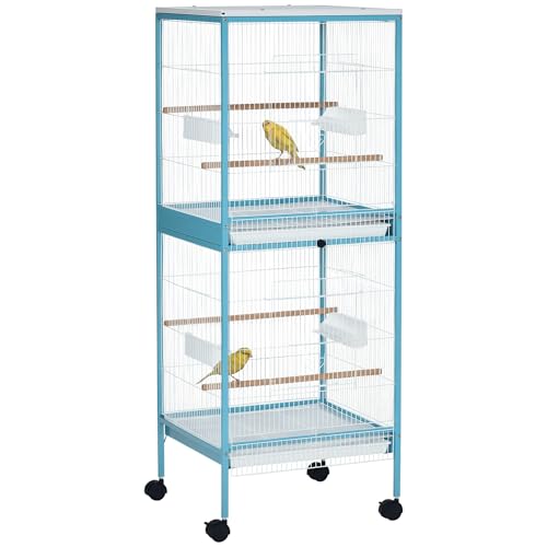 PawHut Large Bird Cage with 1.7 ft. Width for Wingspan, Bird Aviary Indoor with Multi-Door Design, Fit for a Canary, Finch, Conure, 55', Light Blue