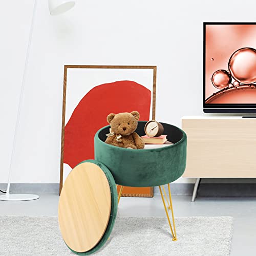 Ecomex Velvet Round Ottoman With Storage, Metal Legs, Coffee Table Tray Cover Footstool Makeup Vanity Stool Modern Furniture For Living Room Bedroom, Green #TOP7
