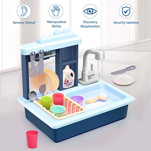 Kids Kitchen Play Sink Dishes Toys, Electric Dishwasher Playing Sink Toy with Running