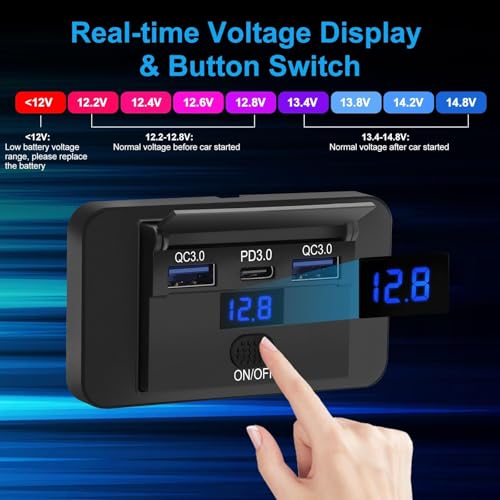 Linkstyle Car Charger Panel, Dual 18W QC3.0 USB A & 36W PD USB C Ports, Car Charging Outlet Panel with Button Switch & LED Voltmeter for 12V/24V RV Boat Truck (2PCS)