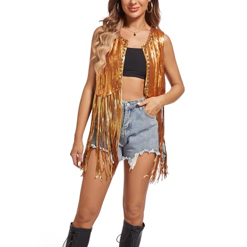 MISI CHAO Sequin Fringe Vest - Sparkly Tassels Jacket Rivet Sleeveless Open Front Tops Glitter Party Cowgirl Concert Outfits
