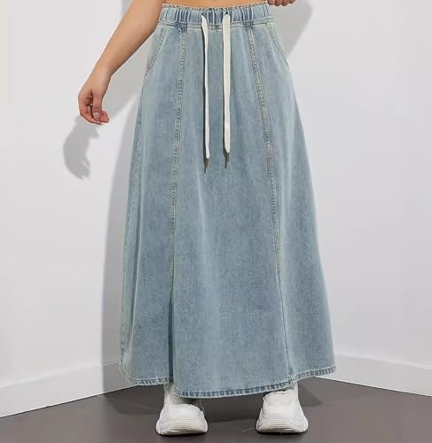 Women Long Jean Skirts Elastic High Waisted Denim Skirts Casual Flowy Drawstring Maxi Skirts with Pocket Fall2