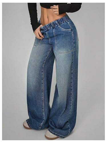 OYOANGLE Women's Elastic Waist Jeans Casual Loose Fit Wide Leg Low-Rise Denim Baggy Jeans with Pocket3