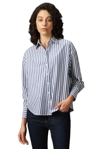 Image of High Star Women Cotton Striped Oversized Fit Collar Full Sleeves Shirts