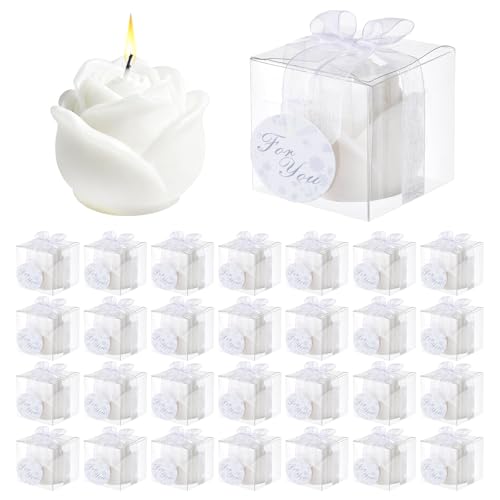 30 Set Flower Candles Wedding Favor for Guests Mini White Rose Shaped Tealight Candles for Return Gift Wedding Birthday Bridal Shower Housewarming Party