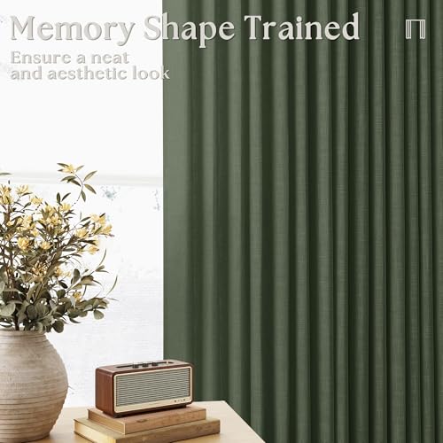 Image of Olive Green Linen Curtains 45 Inch Length 2 Panel Set for Small Windows Rustic Country Linen Cotton Light Filtering Drapes Privacy Pinch Pleated Back Tab Semi Sheer Kitchen Curtains 45 Inches Long