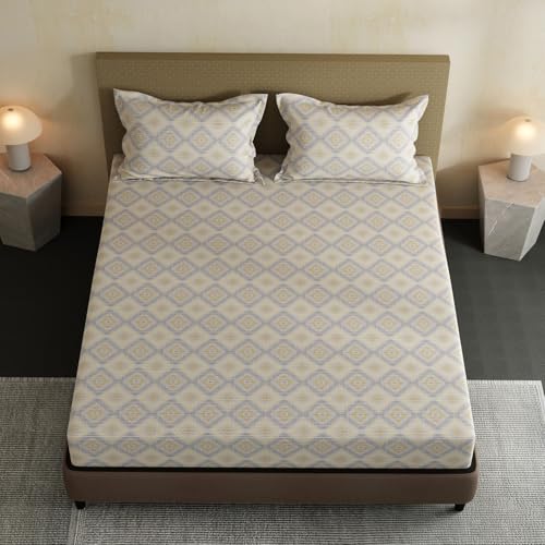 Image of Layers 100% Cotton Bedsheet for Double Size Bed | Lumina Floret Collection | 144 TC Soft & Breathable | Printed with 2 Pillow Covers | Wrinkle Free & Colorfast | 3 Piece Bedding Set - Cream & Blue