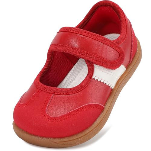 WIDE TOE BOX Toddler Girl Mary Jane Shoes Lightweight Girls Classic Sporty Sneakers Comfortable Barefoot Shoe for Playdates Birthday Celebrations Holiday Parties Red Toddler Size 7