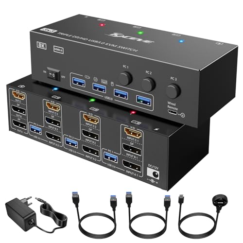 KVM Switch 3 Computer 3 Monitore, KCEVE HDMI + DisplayPort USB 3.0 KVM Umschalter, 8K@30Hz/4k@144Hz Dreifach Monitor KVM für 3 PCs, 3 Displays und 4 USB 3.0-Geräte