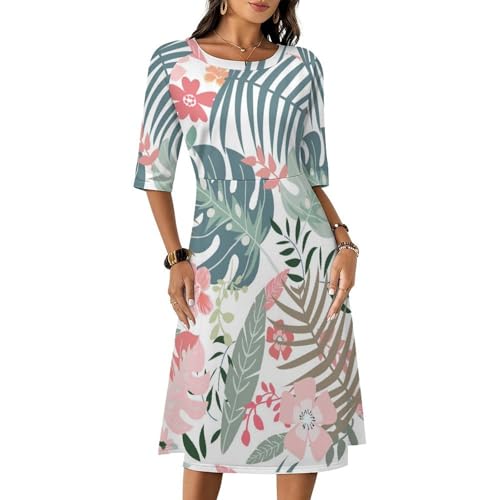 Young Women's Mid-Sleeve Full Length Dress Whimsical Botanical Print Boho