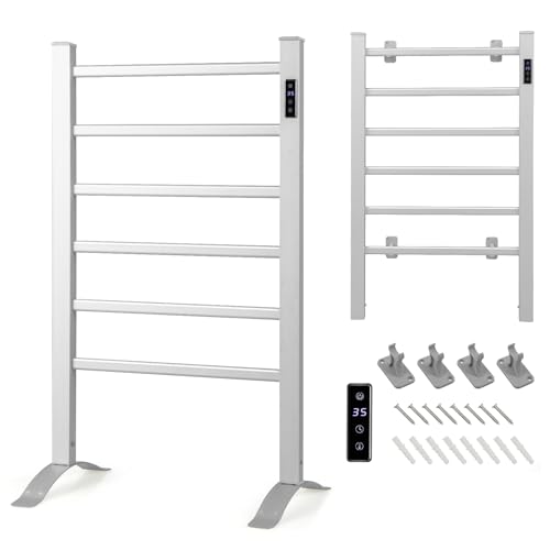 GYMAX Scaldasalviette Elettrico, Porta Asciugamani in Alluminio, Riscalda 30-60 °C, Timer, 2 in 1 in Piedi & a Parete, con Accessori a Parete