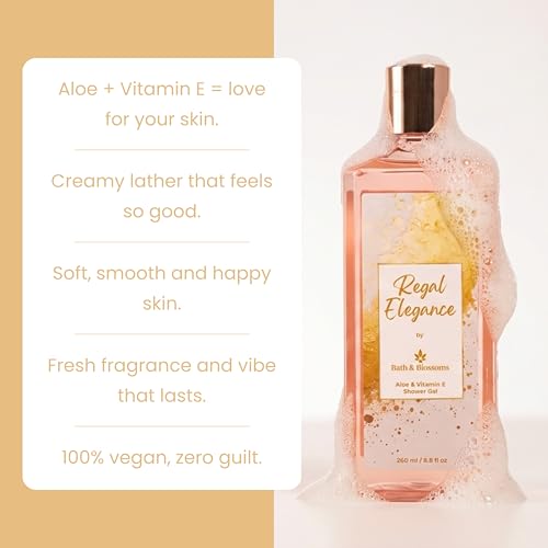 Image of Bath & Blossoms Regal Elegance Shower Gel | Warm Amber & Musk | Rich Foaming Lather | Aloe Vera & Vitamin E | Hydrating Gentle formula suitable for all skin types | 100% Paraben Free & Vegan | Premium Body Care