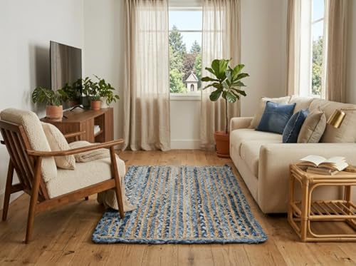 Trademoon Handmade Denim Cotton and Jute Rug | Blue Striped