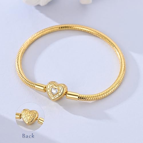 Image of 925 Sterling Silver Snake Chain Bracelets Fit Pandora Charms,Heart Clasp Bracelets Perfect For Any Glamour Gift for Women with 5 A Cubic Zirconia
