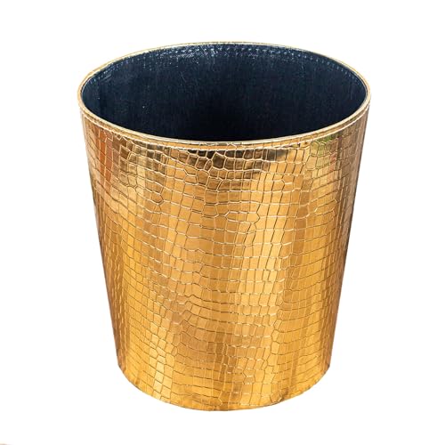 Leather Trash Can, Decorative Waste Basket, 10L Capacity Small Waste Paper Basket, Waterproof Garbage Can for Bathroom, Bedroom, Office, Kitchen and Living Room - Golden