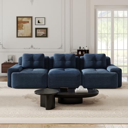 Image of 117 inch Oversized 3 Seater Modular Boneless Couch, Durable Corduroy Fabric, Deep Seat Cloud sectional Sofa with Buckle Connection and Tufted Detail, No Assembly, Anti Slip, Blue