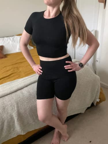 Image of IWEMEK Women Seamless Yoga Outfits 2 Piece Workout Short Sleeve Crop Top with High Waisted Running Shorts Sets Activewear