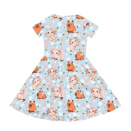 Image of Girls Dress with Pockets Basic Short Sleeve High Waist Swing Skater Dress School Party Dress for Kids