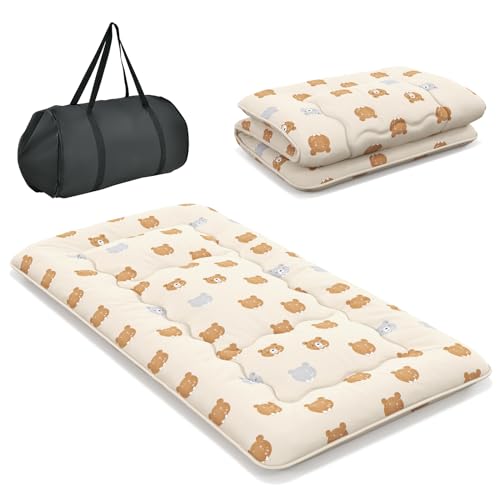 COSTWAY Matelas Futon Portable Pliable, Matelas Futon Japonais 90 x 200 cm, Housse Lavable, Matelas de Sol avec Sac de Transport, pour Le Camping, Les Voyages, d'Invités (Beige | Petit Ours)