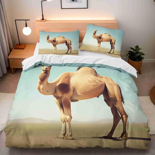 TMMDH Camel Duvet Cover 200x200 cm Desert Animals Quilt Cover Soft Breathable Brushed Microfibre Double Bedding Set 3PCS with Zipper Closure, Pillowcases 50x75 cm