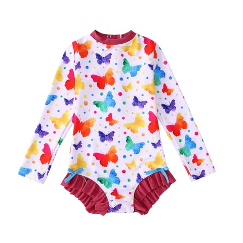 Image of IZYJOY Girl Long Sleeve Swimsuits Ruffle One Piece Rash Guard Bathing Suits Kids Floral UPF 50+ Zipper Swimwear 7-12Y