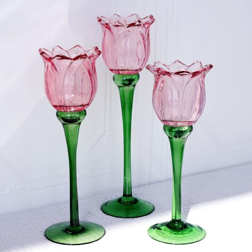 VOHO Pink Tulips Candle Holder, Romantic Pink Flower Votive Candle Holders for Wedding Bridal Shower Decorations, Tall Tealight Candle Holder Decor for Centerpiece Table(Set of3)