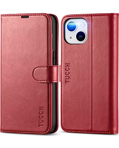 Tucch Case Wallet For Iphone 14, [Rfid Blocking] Pu Leather Stand Folio Cover With 4 Card Slots [Tpu Protective Interior Shell], Magnetic Flip Case Compatible With Iphone 14 5G 6.1-Inch, Dark Red #TOP11