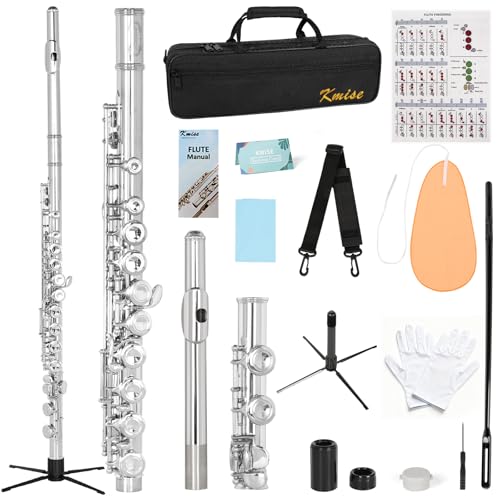 Kmise Closed Hole C Flute, Responsive Flute Instrument, Premium and Durable Flutes with Gig Bag, Collapsible Stand, Beginner's Guide, Cleaning Kit - Effortless for Beginners, Students (Nickel Plated)