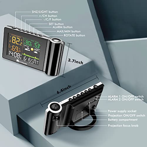 Dr. Prepare Projection Alarm Clock, Adjustable Projection Focus, Wireless Indoor Outdoor Temperature Humidity Monitor, 180° Projector, Snooze, Weather Forecast, Dual Alarms For Bedroom, Heavy Sleeper #TOP1