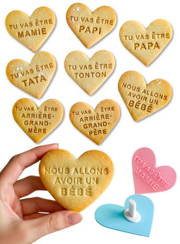 JoliCoon - Kit de anuncios de embarazo (7,5 x 6,5 cm y 8 sellos para galletas PLA, mensajes para futura familia