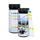 [Verwendung] Tauchen Sie das Pool-Testpapier 5 Sekunden lang in das Wasser, lassen Sie es etwa 30 Sekunden lang in der Luft stehen und richten Sie dann die Farbe des Testpapiers auf der Rückseite der Flasche aus, um den Messwert zu erhalten.