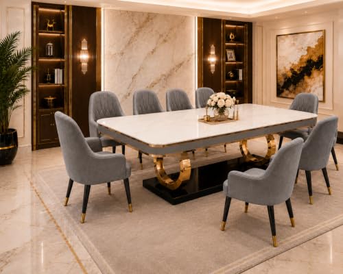 8-Seater Dining Table with Nano Composite Marble Top and PVC Golden Wooden Base |3yr Warranty - Includes 8 Fabric Upholstered Chairs