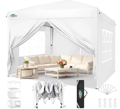 COBIZI Pavillon 3x3 Faltpavillon Wasserdicht Stabil Winterfest Faltbar Partyzelt mit 4 Seitenteilen Pop up Gartenpavillon UV Schutz 50+ Höhenverstellbar für Strand Hochzeit Camping, Weiß
