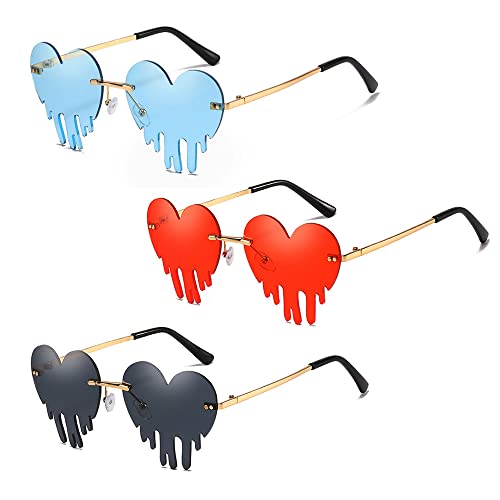 DAJASD Herz Sonnenbrille Schmelze, Tropfende Brille Herzförmige Randlos, UV 400, 3 Paar Neuheit Sonnenbrillen,Einzigartige Partybrille Foto Requisiten, für Damen/Frauen/Männer Schmelzen Cover