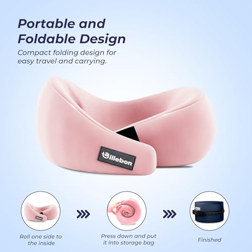 Image of Billebon Gel Infused Memory Foam Neck Pillow with Case, Travel Pillow with Adjustable Velcro Straps, Neck Pillow for Travelling & Flight Travel, Ergonomic Support for Comfort & Pain Relief (Pink)