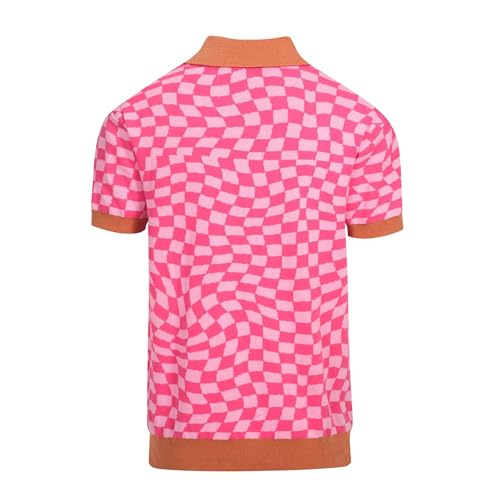 Men's Knitted Retro Poloshirt, 1960s Mod Style Vintage Plaid Shirt with Animal Pattern Rose Red2