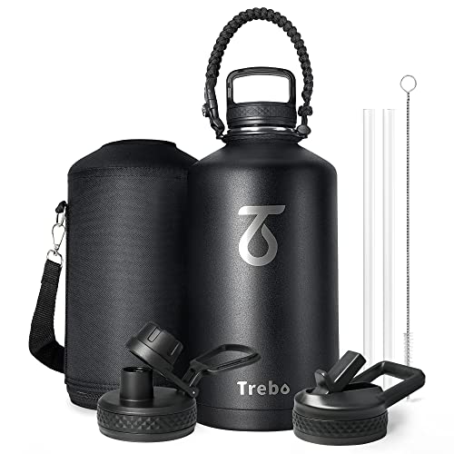 Trebo One Gallon Water Bottle Insulated with Paracord Handle,128oz Large Vacuum Double Wall Stainless Steel Insulated Jug with Straw Spout Handle Lids, Leakproof Keep Cold & Hot,Black