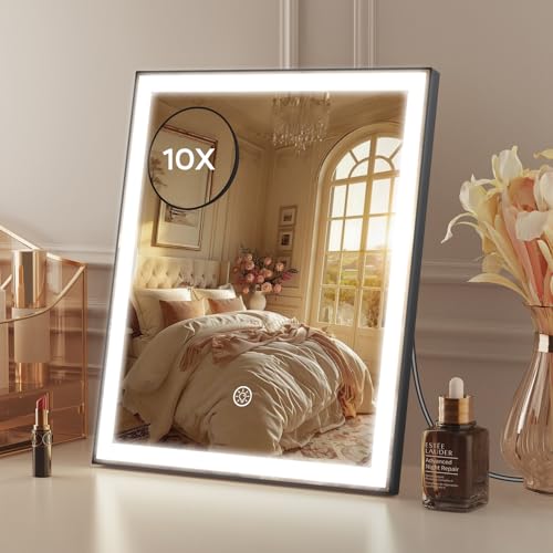 Amdelne Vanity Mirror with Lights, Touch Control Makeup Mirror with 3 Colour Modes & 10X Magnifying, Easy Clean, USB C Powered with Plug, Dimmable Light Up Mirrors for Dressing Table, 25x30cm, Black