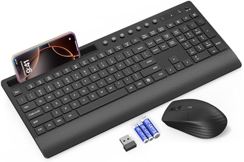 Trueque Wireless Keyboard and Mouse Combo - Full-Size Quiet Keyboard with Palm Rest, Phone Holder, Multimedia Keys, Power Switch, Compatible with Windows, Chrome OS, PC, Laptop (Batteries Included)