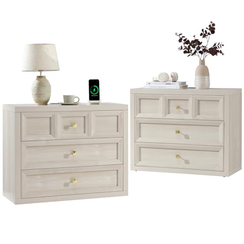 NOWABAY Nightstand Set of 2 W/Charging Station 30.7 W King Size Bedside Table with 3 Drawers Accent End Table W/Large Storage Modern Wood Side Table for Bedroom Office Beige