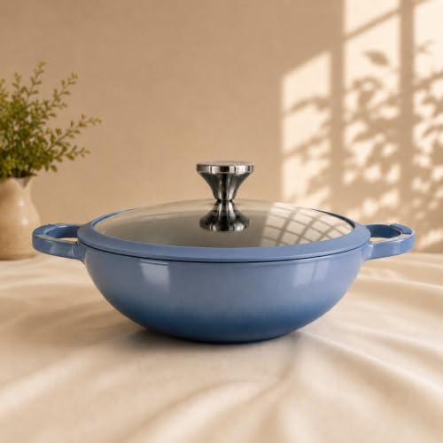 Image of Vinod Freya Cast Iron Deep Kadai with Glass Lid, 22 cm 1.9L | TREON Technology Enamel Kadhai for Frying, Sabzi, Curry & Cooking | No Seasoning Required | Induction & Gas Compatible | 100% Non-Toxic