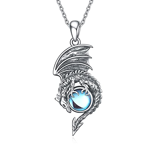 YFN Dragon Black Onyx Collier en argent sterling avec pendentif légendaire dragon chinois pour femmes et hommes, Argent sterling, Pierre de lune