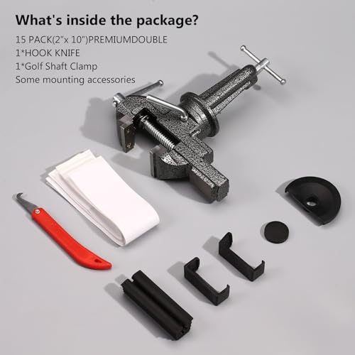 Golf Club Grip Vise Clamp Kit, Golf Grip Removal Tool - Inlcudes 15 Double-Sided Tapes (2"x 10"), 360° Swivel Portable Table Vise, A Hook Knife for Regripping Golf Grips, Rubber Sleeve (No Solvent)