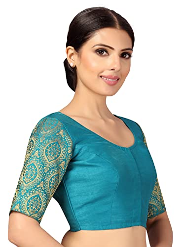 Image of Studio Shringaar Womens Elbow Length Sleeves Silky Saree Blouse with Brocade Sleeves.