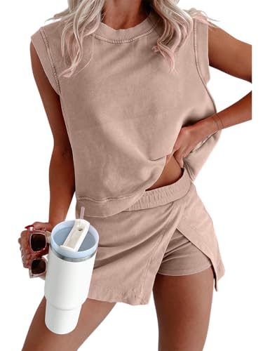 Ecosunny Womens Summer 2 Piece Sets Sweatsuits Casual Crewneck Sleeveless Matching Sets Trendy Skirt Shorts Lounge Outfits Smoke Gray M
