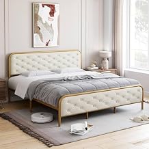 IDEALHOUSE 2024 New Full Bed Frame, Luxurious Bed Frames with Elegant Button Tufted Curved Headboard Velvet Upholstered Platform Bed Frame, No Box Spring Required, Gold-White