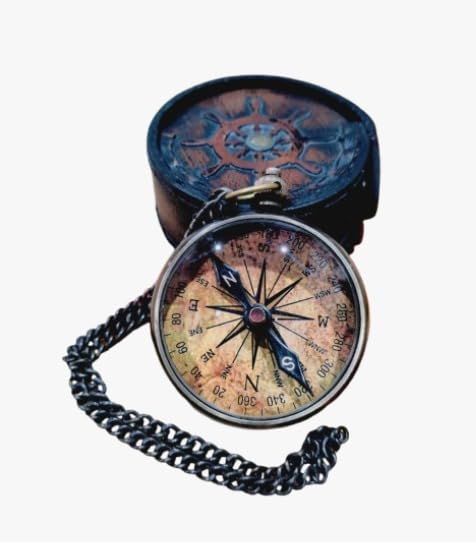 Brújula Vintage de Bolsillo de Latón con Estuche de Cuero miniatura 1