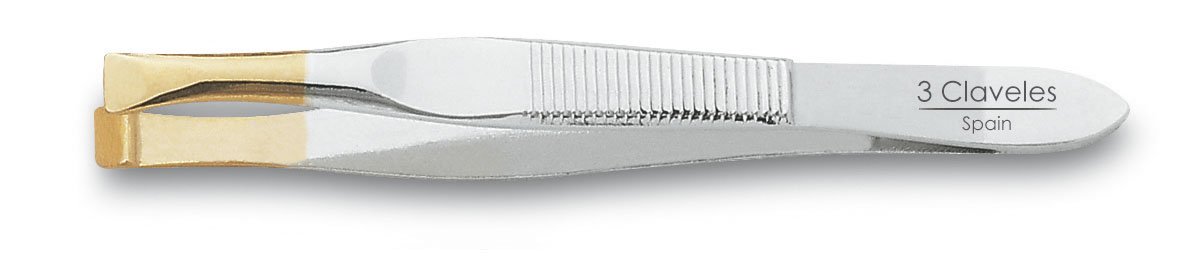 3 Claveles - Pinza depilar, ancha, color plateado con la punta oro 8 cm, depilación pelo