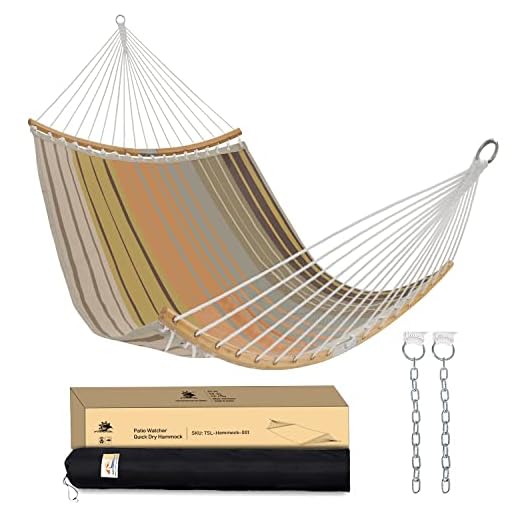 Patio Watcher 14 FT Quick Dry Hammock Folding Curved Bamboo Spreader Bar Portable Hammock for Camping Outdoor Patio Yard, Water Resistance and UV Resistance