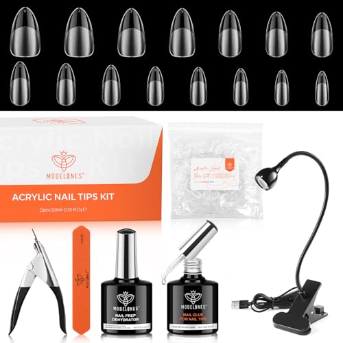 Image of modelones X Nail Gel Kit,10-in-One Glue Prep Dehydrator Lamp Gooseneck | 510Pcs Almond Nail Tips 15Size Medium Almond Press on Tip Adjustable U /V Light Easy Extension DIY Women Gift